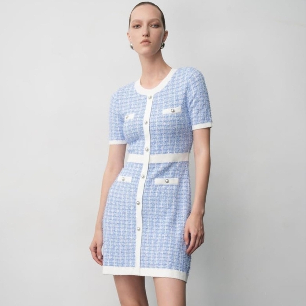 Chic Blue and White Tweed Style Coquette Dress NWT
